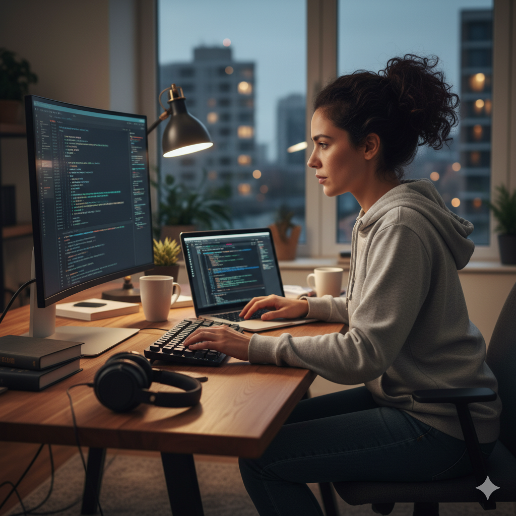 Female programmer coding on a desktop computer and laptop