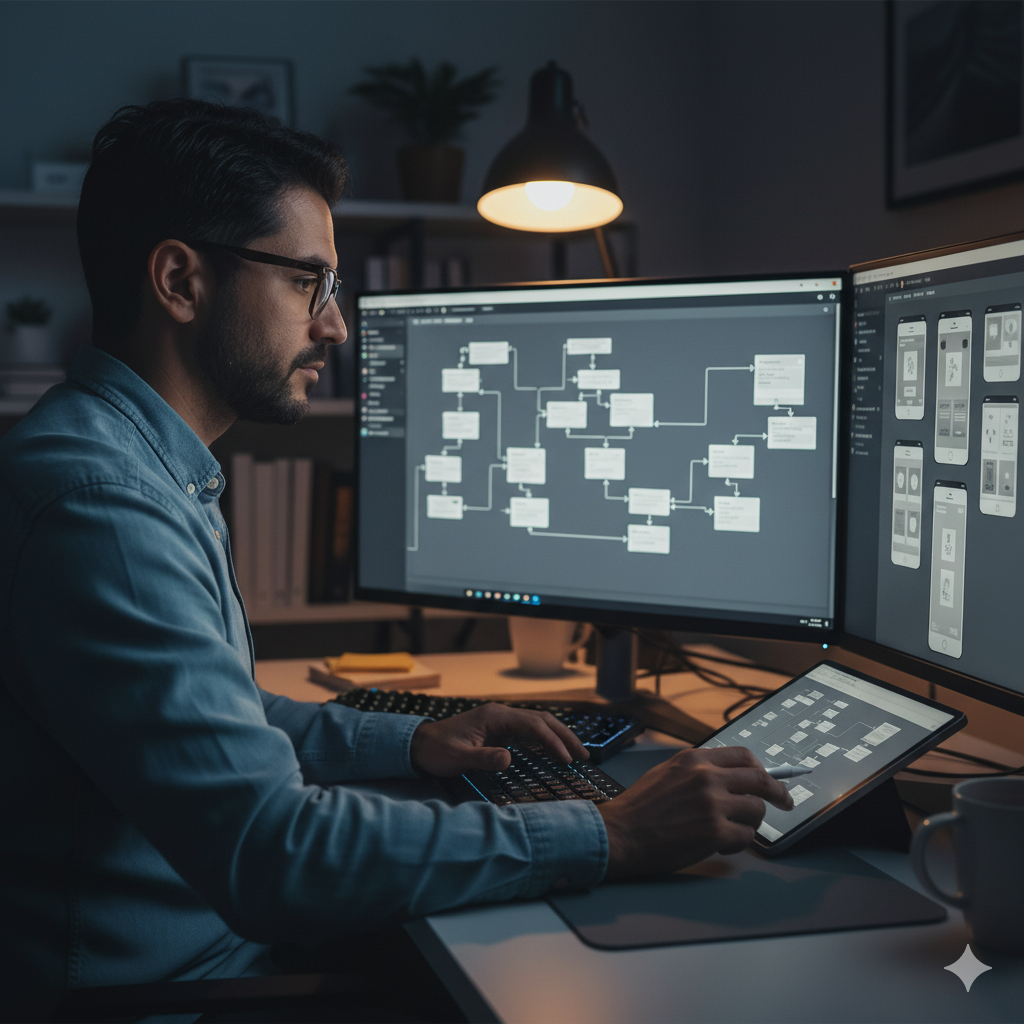 Hispanic man programmer or IT specialist software developer with glasses working late into the night examining UX UI flowcharts and design wireframes for a mobile app, integrating design and development on dual monitors computer